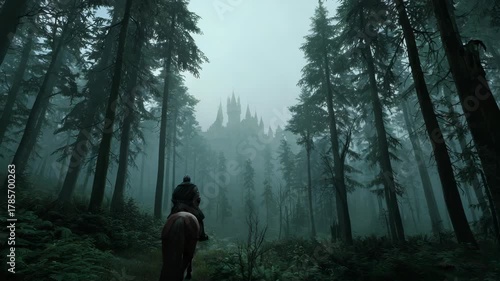 Rider in misty forest approaching enchanted castle surrounded by tall trees