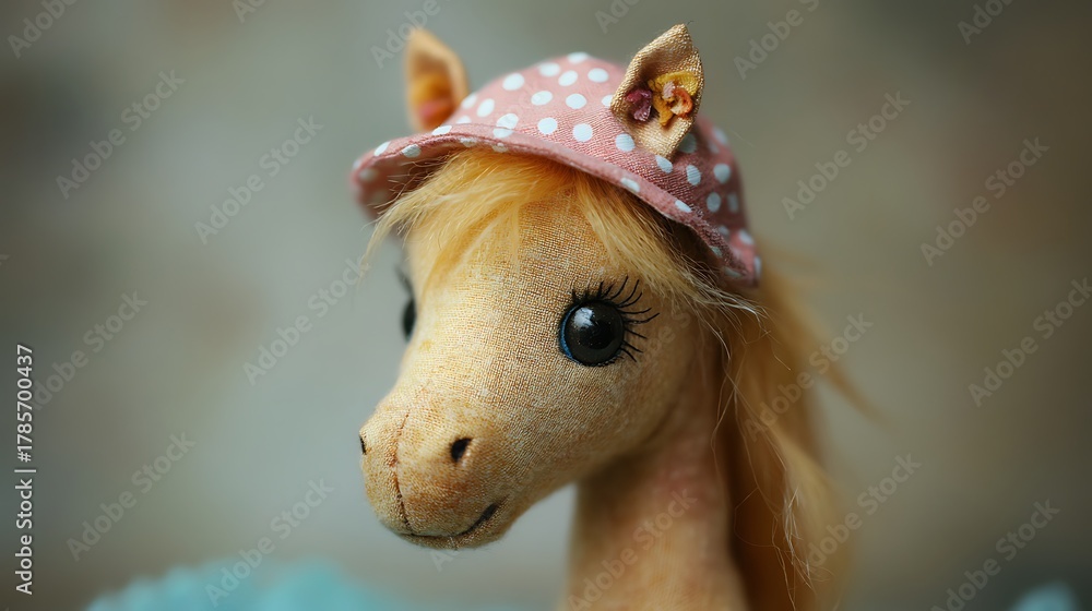 Stuffed horse wearing a tiny polka dotted hat