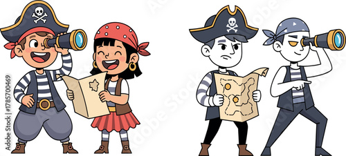 Cartoon pirate kids in colorful and grayscale styles, treasure map and telescope illustration, mood contrast concept, vector adventure scene, expressive pirate design