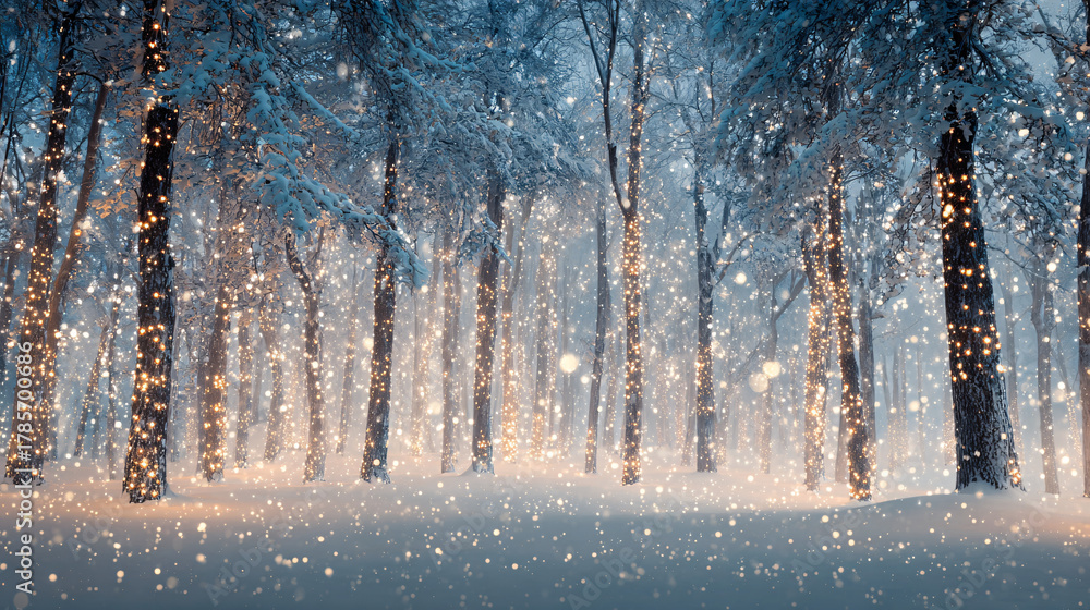 Fototapeta premium Christmas forest with sparkling snow 