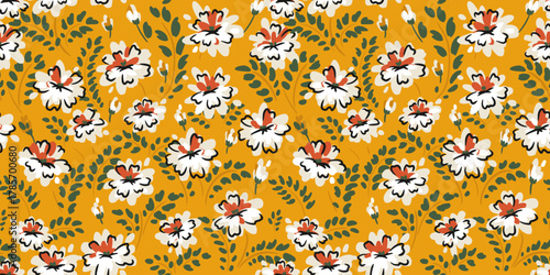 Seamless vector floral pattern with white and terracotta flowers, dark green leaves, and mustard yellow background. Vintage botanical design for textiles, wrapping, and decor