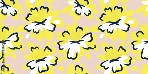 Seamless vector pattern with bold abstract yellow and white flowers outlined in navy on a soft beige background. Modern floral design for fabric, wrapping paper, and decor