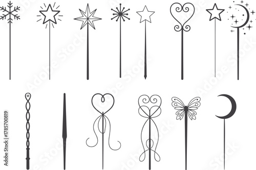 Magic wand collection, fantasy icons, enchanted tools, whimsical shapes, magical symbols, flat vector illustration, fairy tale elements, mystical design assets