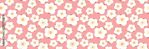 Seamless vector pattern with simple white flowers and soft beige centers on a pink background. Retro floral design for textile prints, wrapping paper, and home decor