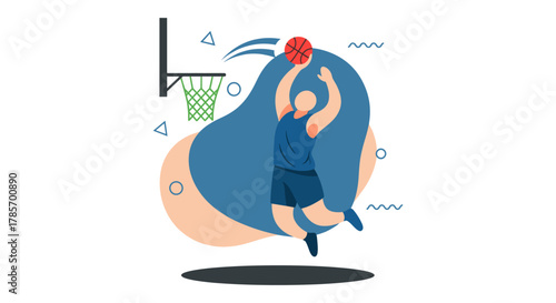 An illustration captures a basketball player mid-air, poised to shoot the ball towards the hoop, showcasing athleticism and sport.