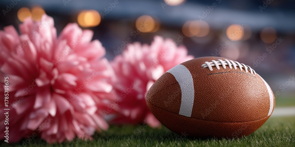 Naklejka premium American football and pink pom poms on field under stadium lights