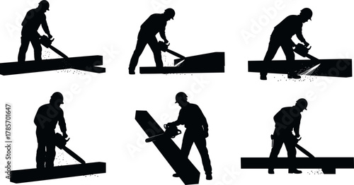 "Chainsaw Worker Silhouettes – Construction Labor with Protective Gear and Wood Cutting Poses"