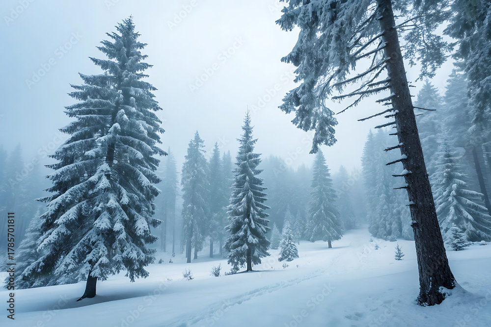 Obraz premium Snow covered pine trees in a peaceful winter forest landscape
