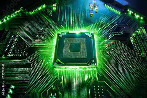 Wallpaper Mural Vibrant Green Energy: The CPU’s Light Represents Sustainable Computing Practices and the Crucial Role of Technology in Achieving Global Social Development Goals Ethically. Torontodigital.ca