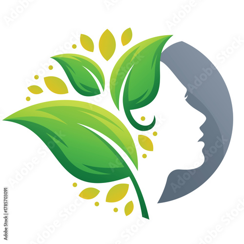 Eco beauty logo  woman face silhouette with green leaves nature concept vector illustration