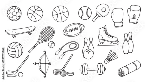 Collection of sports equipment and balls, isolated on white background