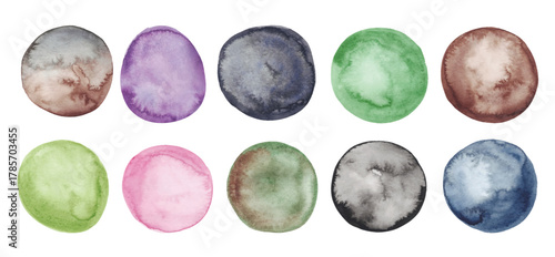 Watercolor Circles Set Isolated on White Background. Hand Painted Aquarelle Round Icons on Earth Colors