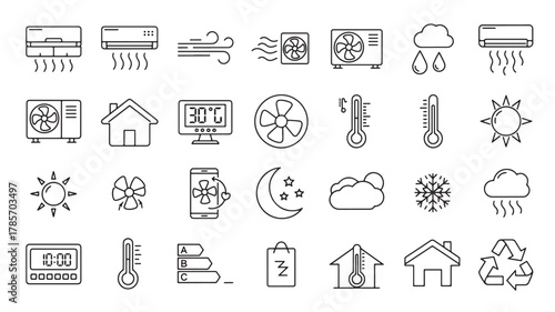 Collection of line icons representing air conditioning, weather, and home comfort, isolated on white background