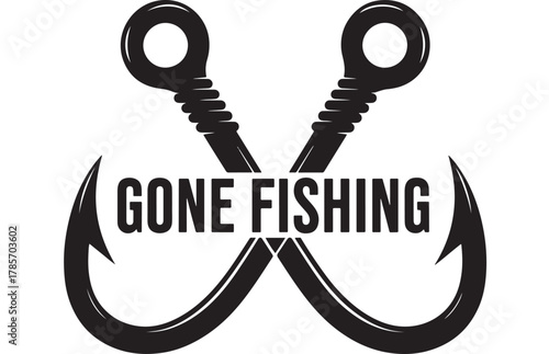 Gone fishing text with two crossed fishing hooks isolated on white background