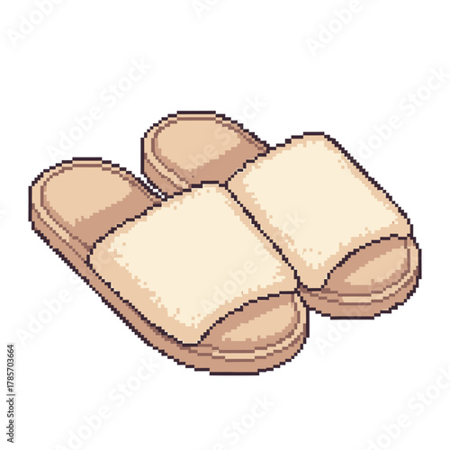 Cozy Home Comfort Minimalist Pixel Art of Soft Beige Slippers for Relaxation and Indoor Wear