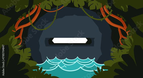 An illustration of a jungle cave entrance, framed by green foliage and orange vines, features a central white interactive element above calm blue water.