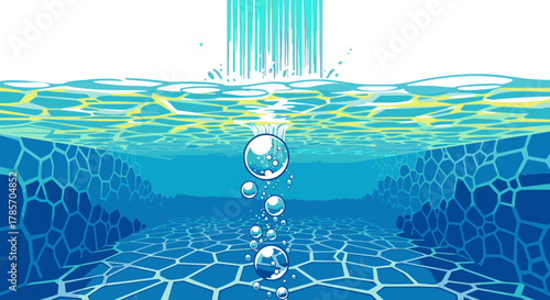 A vibrant illustration captures the serene beauty of a stylized underwater world, featuring light rays piercing the surface and bubbles rising from the depths.