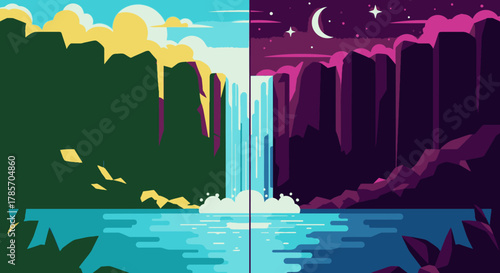 A vibrant illustration depicting a majestic waterfall cascading between towering cliffs, showcasing the dramatic transition from bright daylight to a serene, moonlit night.