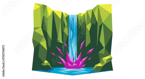 A vibrant geometric waterfall illustration showcases blue water cascading down angular green cliffs, creating a striking pink splash upon impact.