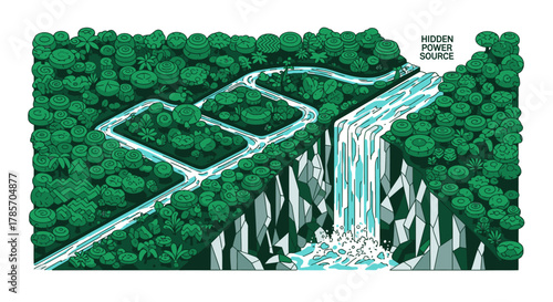 An intricate aerial view illustrates a vibrant green forest with a winding river leading to a powerful waterfall, suggesting a hidden energy supply.