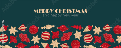 Christmas greeting card with retro ornament bottom border. Merry Christmas and Happy New Year