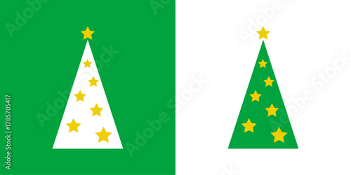 Logo con árbol de navidad con forma de triángulo decorado con estrellas para tarjetas y felicitaciones de Navidad