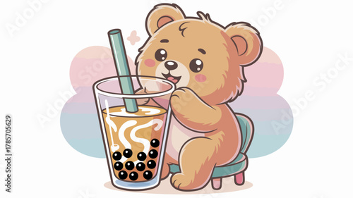 A cute cartoon bear happily sitting next to a large glass of bubble tea with tapioca pearls and a straw, against a soft pastel background.