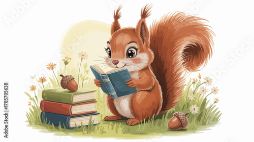 A charming cartoon squirrel with a bushy tail happily reads a blue book while sitting in a grassy field surrounded by stacked books and acorns under a soft sun.
