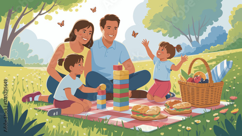 A happy family of four enjoying a sunny picnic outdoors in a park, with children playing and parents smiling.