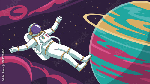 Astronaut floating peacefully in outer space next to a vibrant, ringed planet with colorful nebulae.