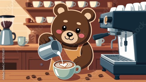 A cute cartoon bear barista pouring milk to create latte art in a coffee shop setting.