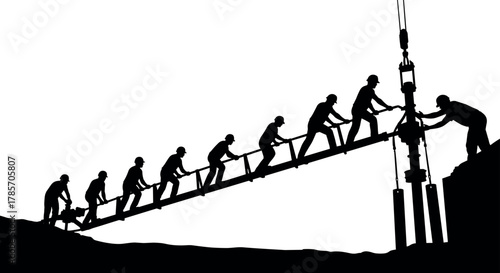 Beam installation teamwork silhouette set, cartoon construction workers positioning structural element illustration, vector engineering coordination concept, black and white graphic, labor scene