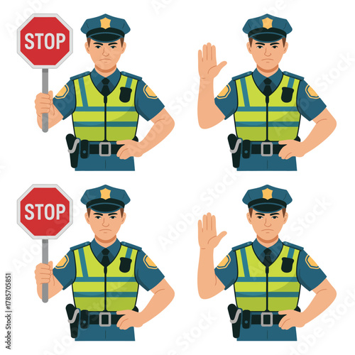 Law enforcement officer directing traffic with stop sign and hand gesture
