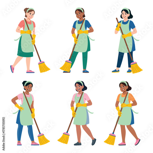 Diverse women efficiently cleaning with brooms, showcasing teamwork and dedication to a spotless environment.