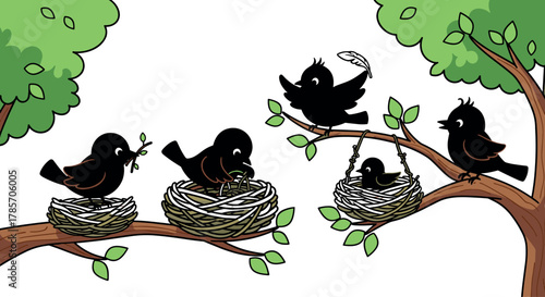 Birds nesting and feeding chicks on tree branches, educational wildlife vector illustration for decor, logo, editorial, nature, and kids design use