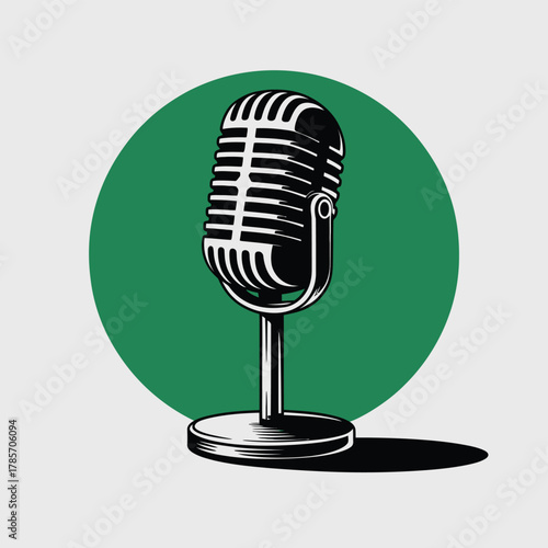 Retro microphone on stand, vintage broadcast equipment for audio recording
