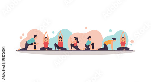 A diverse group of individuals practices various yoga poses, promoting wellness, fitness, and a balanced lifestyle in a colorful, illustrated scene.