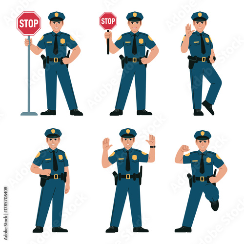 Diverse poses of a friendly police officer in uniform, directing traffic and interacting.