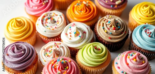 Assorted colorful cupcakes with various frostings and sprinkles on a white background,  cake,  small