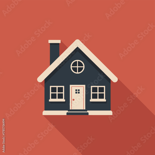Charming flat illustration of a dark blue house with a chimney and long shadow.