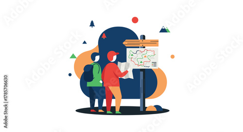 Two hikers consult a map near a trail sign, planning their route through a scenic outdoor landscape for adventure and exploration.