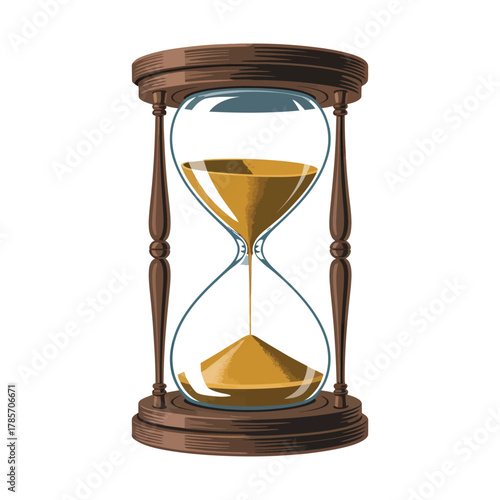 Classic hourglass measuring passing time with golden sand flowing