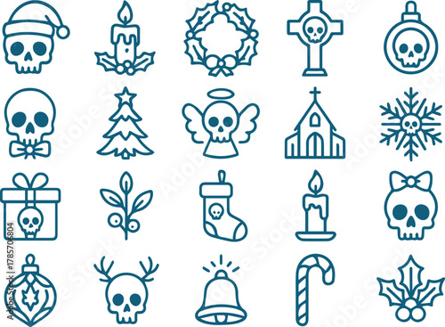 Festive skull icons isolated on white background a collection of holiday themed skull illustrations for a spooky and fun christmas celebration