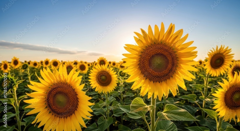 Fototapeta premium A vibrant sunflower field with a clear blue sky and a few scattered clouds in the background.