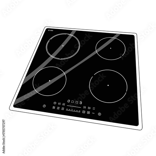 Black induction cooktop with four burners and touch controls