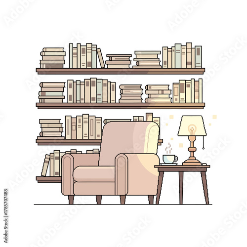 Cozy reading nook with a comfortable armchair, bookshelves filled with books, and a lamp on a side table, creating a warm and inviting atmosphere for relaxation and learning