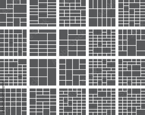 Set of diverse geometric grid layouts for photo collages and visual media