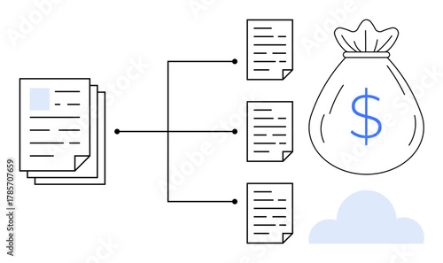 Documents connected by workflow arrows to money bag with dollar sign and cloud. Ideal for concepts of finance, data processing, automation, success, organization, strategy, simple flat metaphor