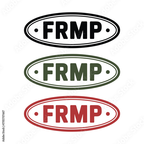 Three oval emblems with the letters FRMP in different colors
