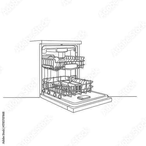 Open dishwasher with dishes in one-line minimal drawing style